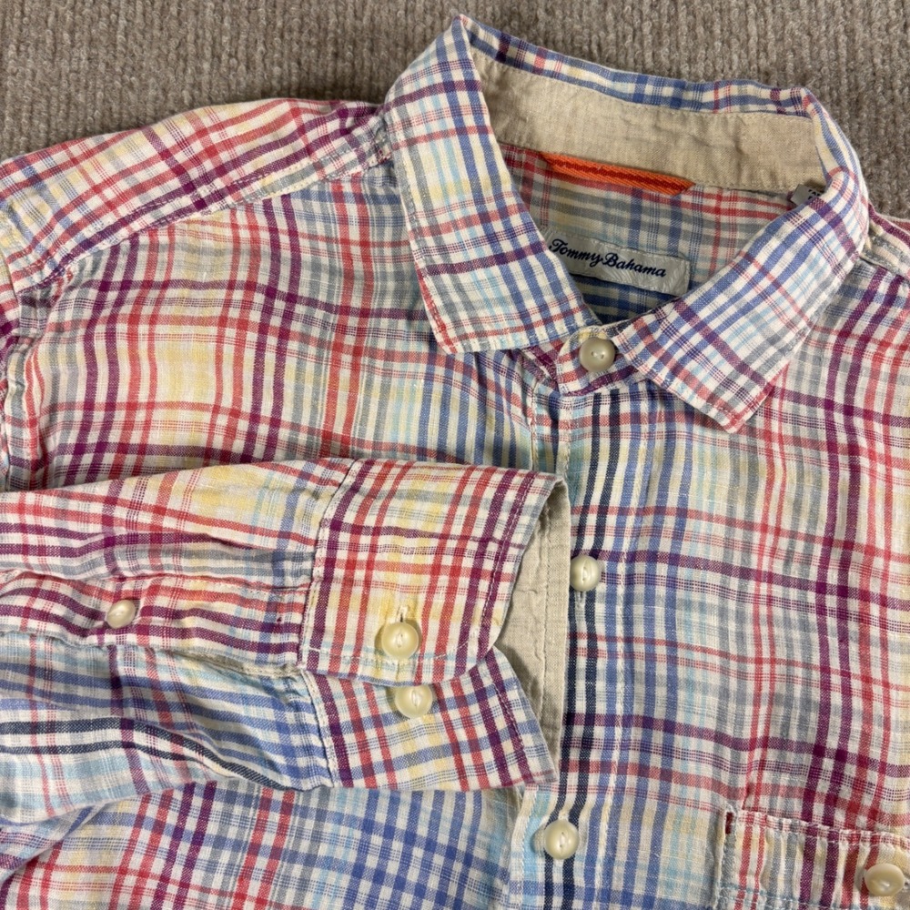 Tommy Bahama Mens Medium 100% Linen Long Sleeve Plaid Button Down Shirt Multi